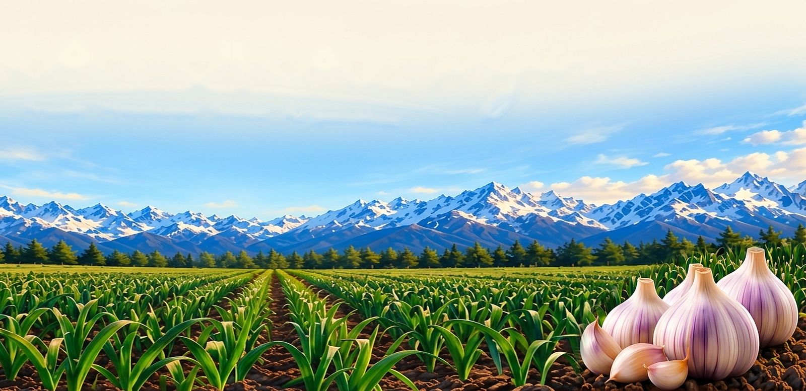 Campo de ajo al pie de la cordillera de los Andes, con cabezas de ajo en primer plano